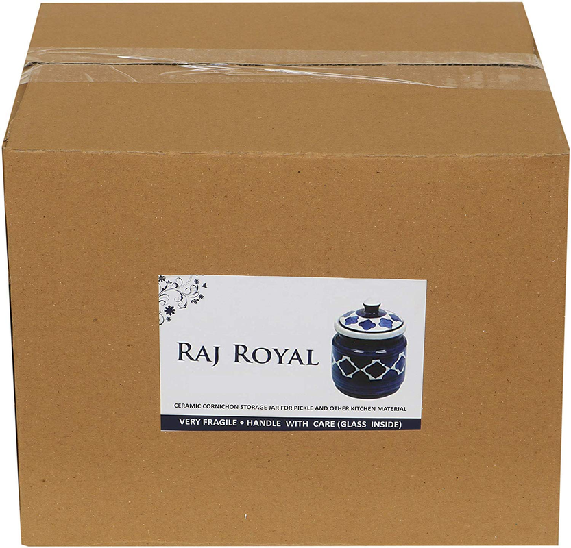 RAJ Royal Hand Painted Ceramic Cornichon Storage Jar for Pickle, Dry items White Pottery Dry Food Storage Container Donga with Lid For Kitchen, Home - Multipurpose Storage Canister (Blue) - 500 Grams