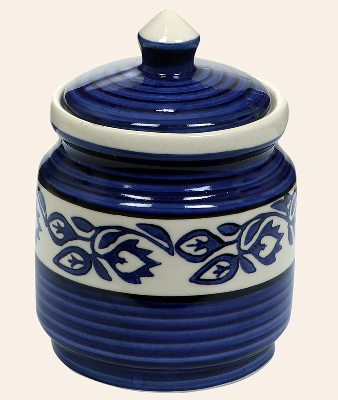 RAJ Royal Hand Painted Ceramic Cornichon Storage Jar, Dry items White Pottery Dry Food Storage Container Donga with Lid For Kitchen, Home - Multipurpose Storage Canister (1.25 Kg, 1 Piece, Blue)