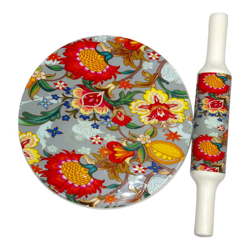 KUVI Printed White Marble Roti Maker with Wooden Belan Enamel Print/White Marble Chakla 10 Inch Diameter with Belan (Gray Orange)