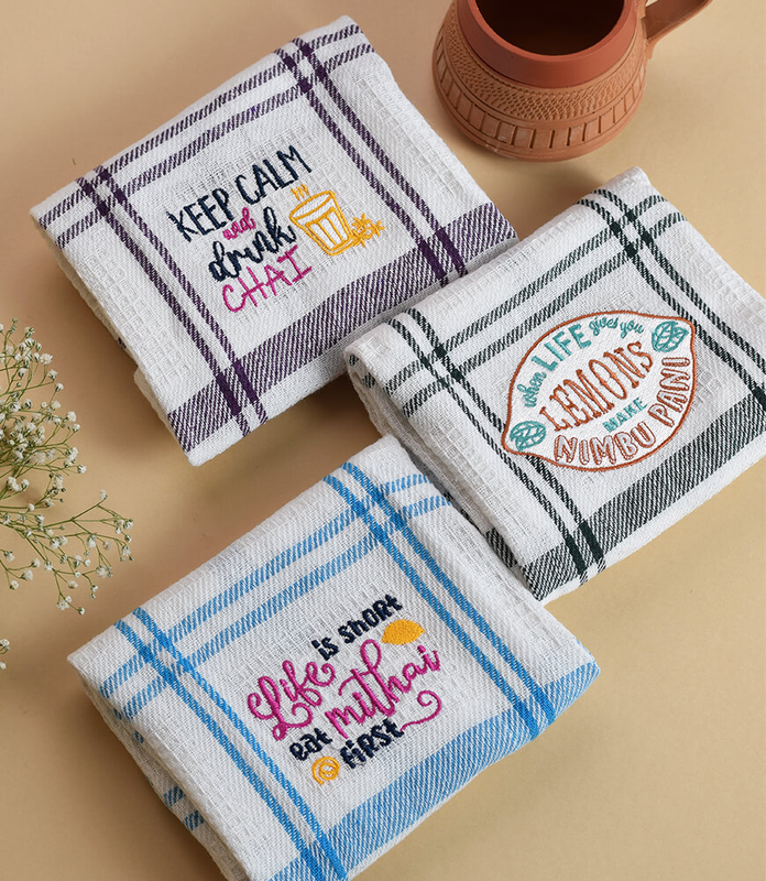 White Checks Embroidered Waffle Cotton – Kitchen Dish Towel Set 2